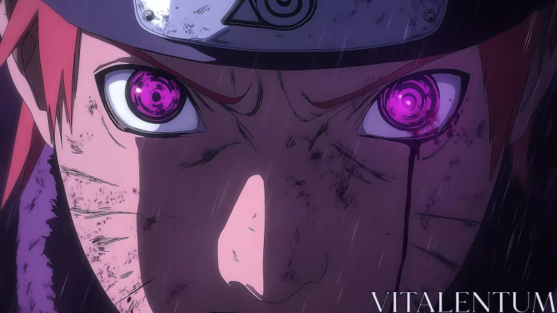 Intense anime warrior stares ahead with glowing violet eyes