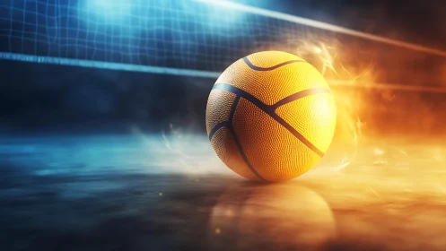 Glowing basketball blazes across court under dramatic arena lights