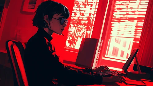 Stylized woman typing at laptop in high contrast red office