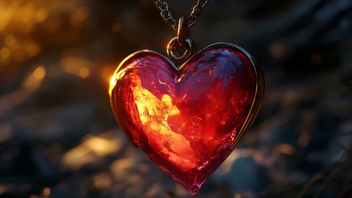 Luminescent Resin Heart Pendant Glowing with Inner Fire.