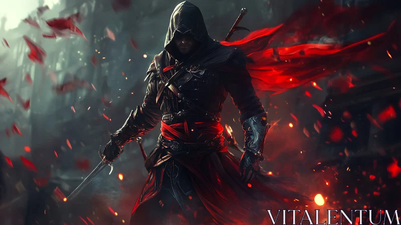 Hooded swordsman stands in red-lit ruin with flowing fabric