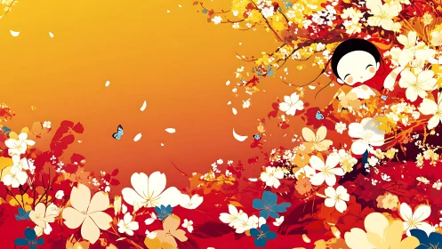 Child peers through autumn blossoms under warm gradient sky