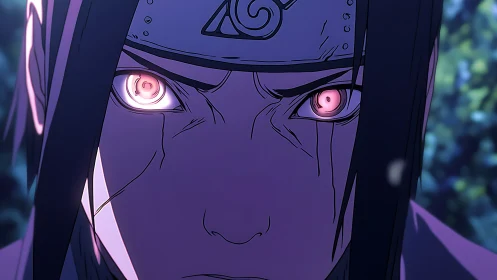 Intense anime warrior close-up with glowing cursed eyes.