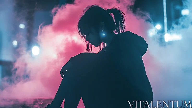 Silhouetted person sits in colored fog with neon backlight