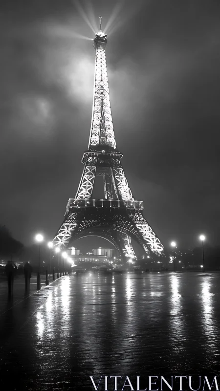 Steel beacon of Paris glows through rain-soaked midnight.