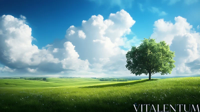 Solitary tree on open grassland under cumulus cloud field.