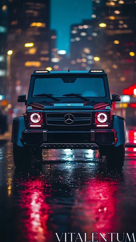 Front view of black SUV on wet city street at night.
