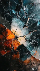 Shattered colored glass with vivid teal and orange fragments.
