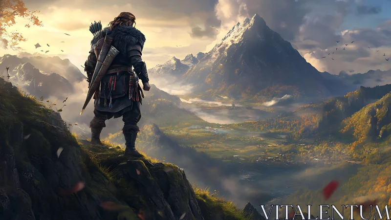 Armored ranger overlooks volumetric-lit alpine valley at sunrise