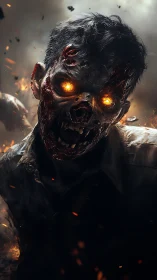 Burning-eyed zombie portrait in cinematic inferno lighting.