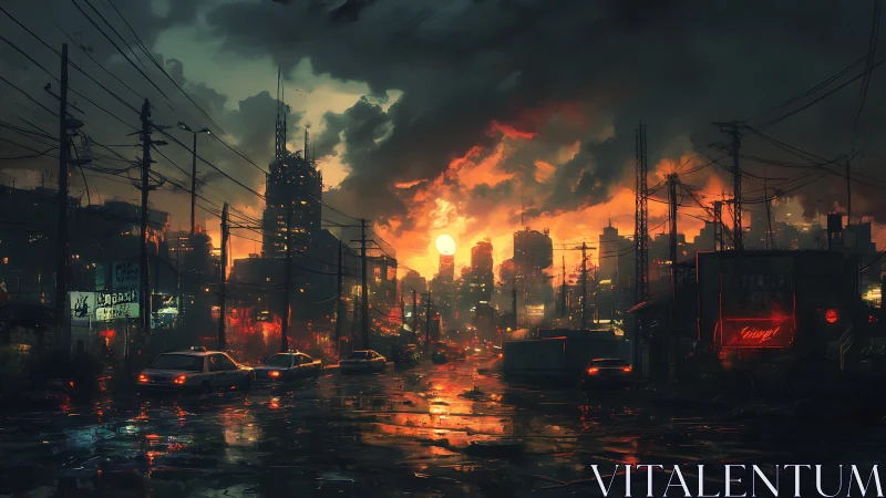 Neon rainstorm over rusted highways at burning dusk.