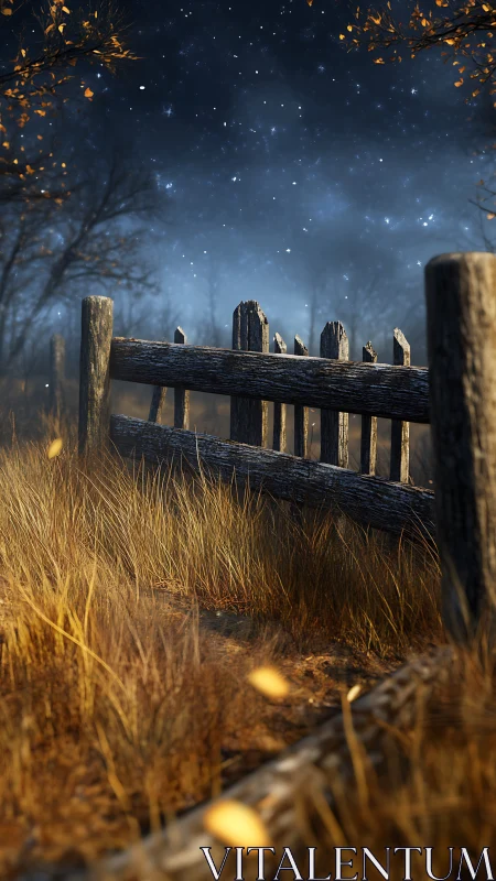 Weathered wooden fence cuts through autumn field at night