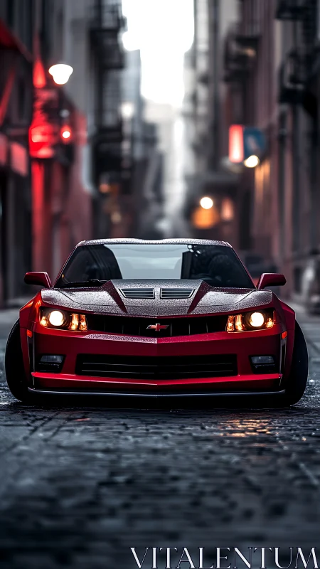 Photorealistic low-angle red muscle car in moody alleyway.