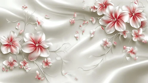 Pink and White Floral Design on Silk. Elegant botanical composition.