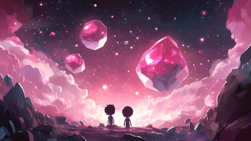 Two small friends gaze at glowing pink crystal skies