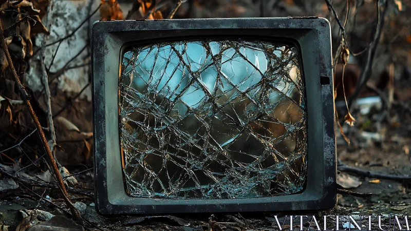 Old broken TV screen with shattered glass outdoors.