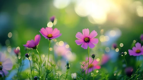 Cosmos blossoms in dreamy bokeh garden lightscape.
