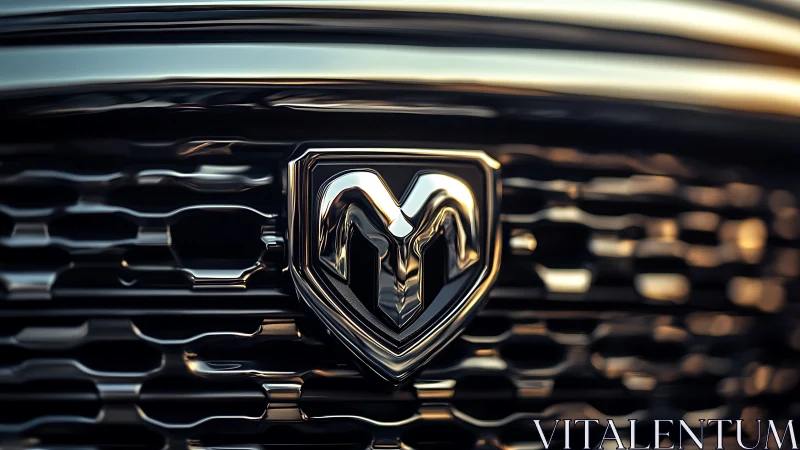 Chromed automotive emblem on defocused lattice grille surface.