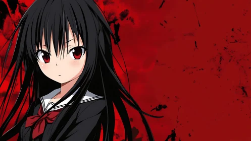 Quiet crimson-gaze heroine against stormy red sky.