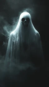 Shrouded skeletal figure in mist against dark background.