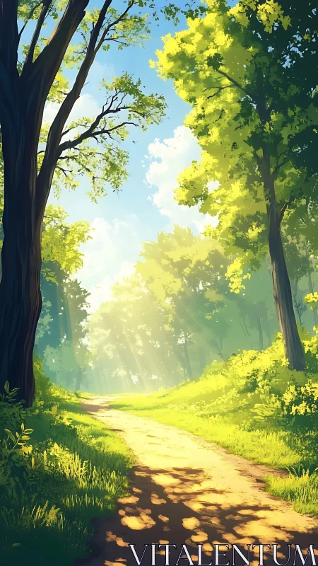 Sunlit Forest Path Through Towering Trees.