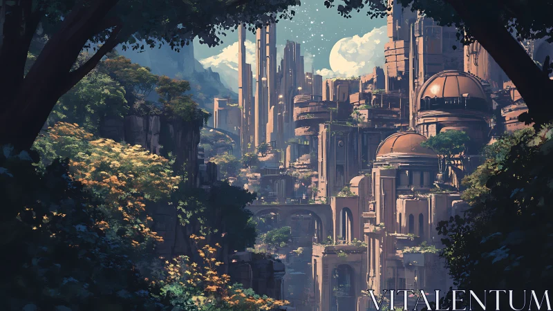 Dense vertical cityscape within overgrown forest canyon.