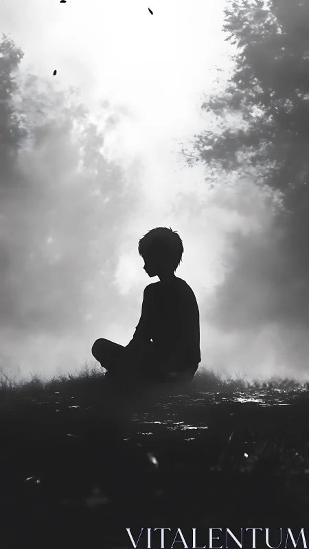 Solitary child silhouette amid misty backlit forest clearing.