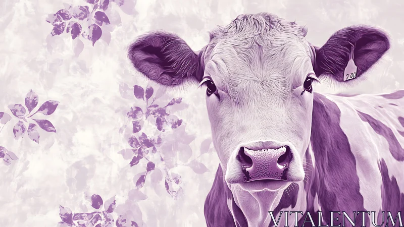 Lavender-toned dairy cow portrait with floral textured backdrop.