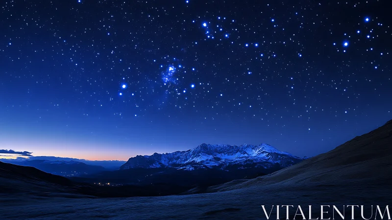 Snowy mountain range under dense starry night sky