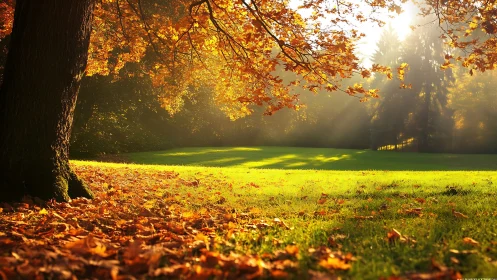 Golden autumn park lawn under sunrise rays glow.