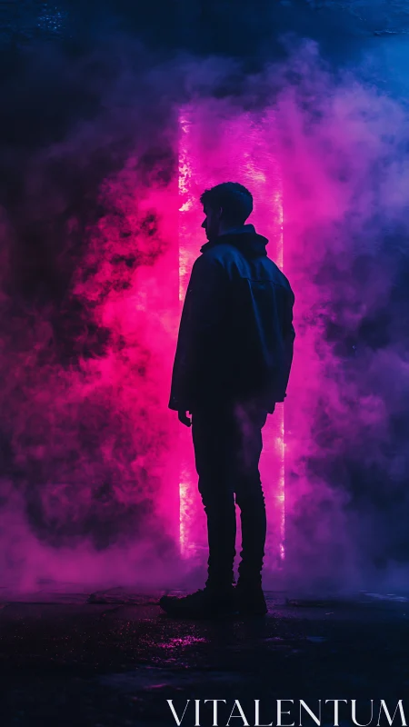 Silhouetted figure stands before vertical neon portal light