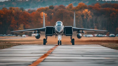 Frontline jet poised on runway amid autumn treeline.