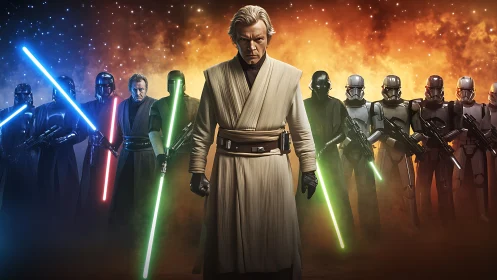 Jedi warrior leads armored squad with glowing lightsabers.