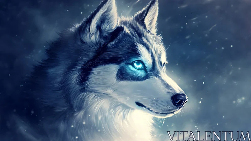 Luminous eyed winter wolf drifting through aurora frost.