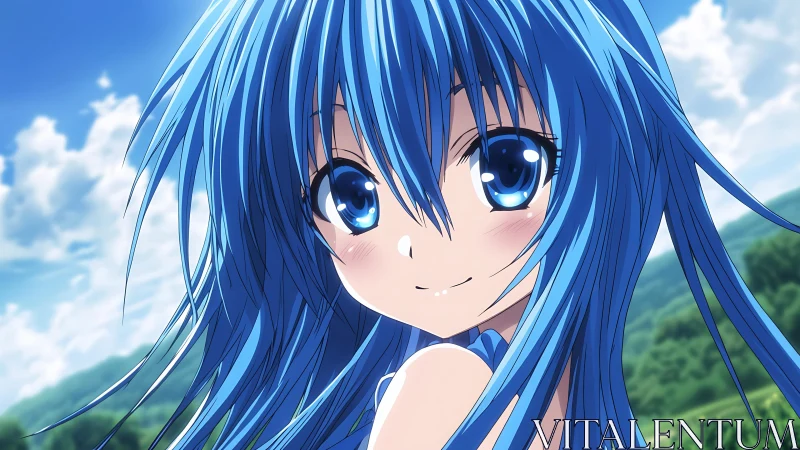 Blue haired anime girl smiles under bright summer sky