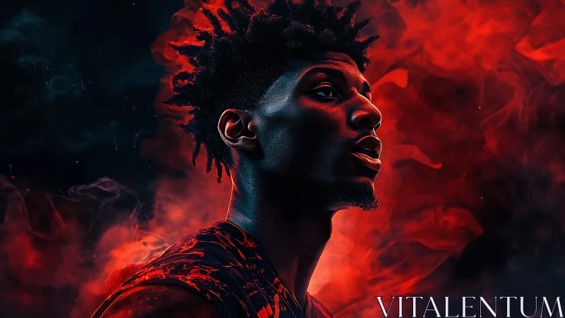 Intense stylized portrait of man in red and black smoke.