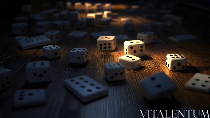 Scattered dice glow under focused light on dark wooden floor