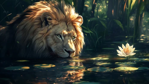 Gentle lion rests by a glowing lily pond in quiet peace.