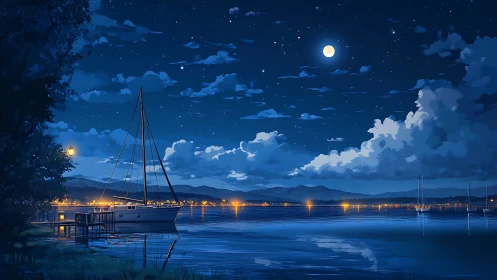 Moonlit sailboat dock on calm lake under starry sky.