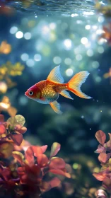 Tiny goldfish drifts through a bokeh-lit underwater dreamscape