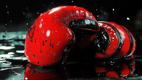 Red Boxing Gloves on Wet Surface Under Dark Lighting.