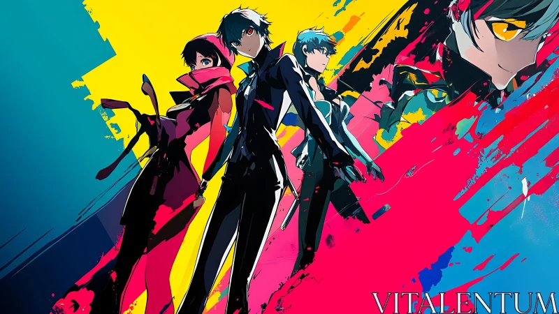 Stylized anime group with multicolored abstract background.