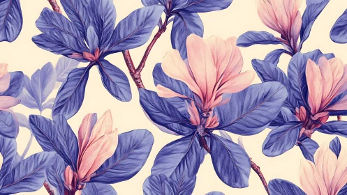 Magnolia Flowers in Blue and Pink Watercolor