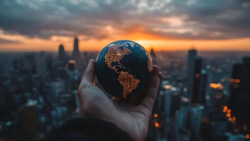 Illuminated world globe in hand above dusk city skyline