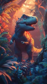 Cartoon tyrannosaurus standing in lush sunset jungle scene.