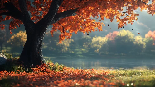 Crimson maple guardian dreaming over a glassy lakeshore.