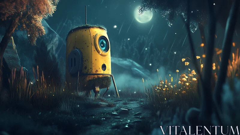 Nocturnal micro-lander in bioluminescent forest clearing.