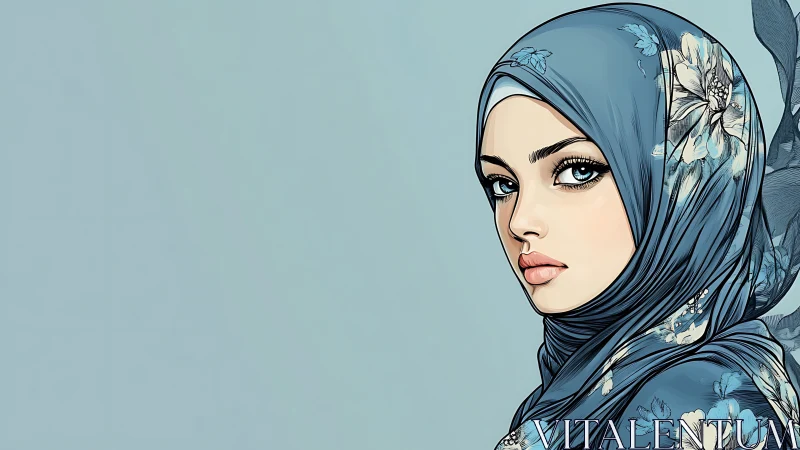 Elegant woman in floral blue hijab, digital illustration portrait.