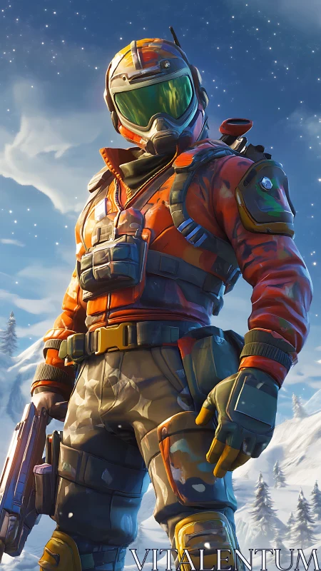 Armored sci fi soldier standing in snowy mountain battlefield.