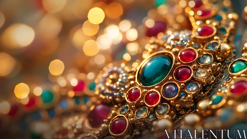 Macro close-up of ornate gold jewelry with multicolored gems